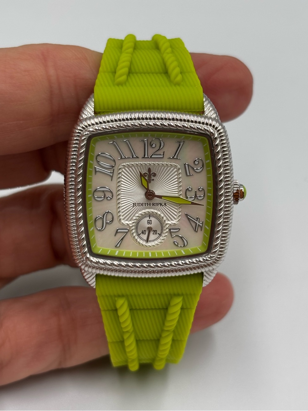 JUDITH RIPKA Watch Stainless Steel Mother Of Pearl Face w Green Silicone Band